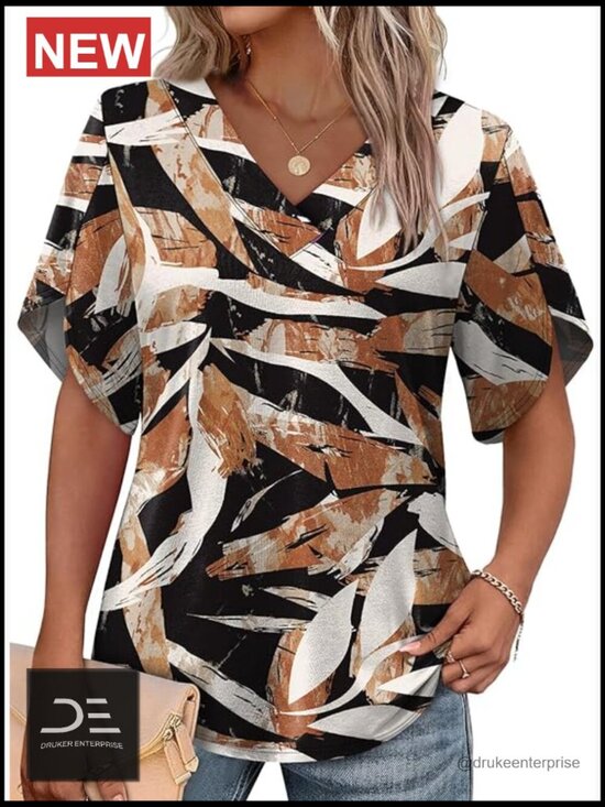 Tops - Women's Short Petal Sleeve V-Neck Blouse - Loose Fit Summer Top